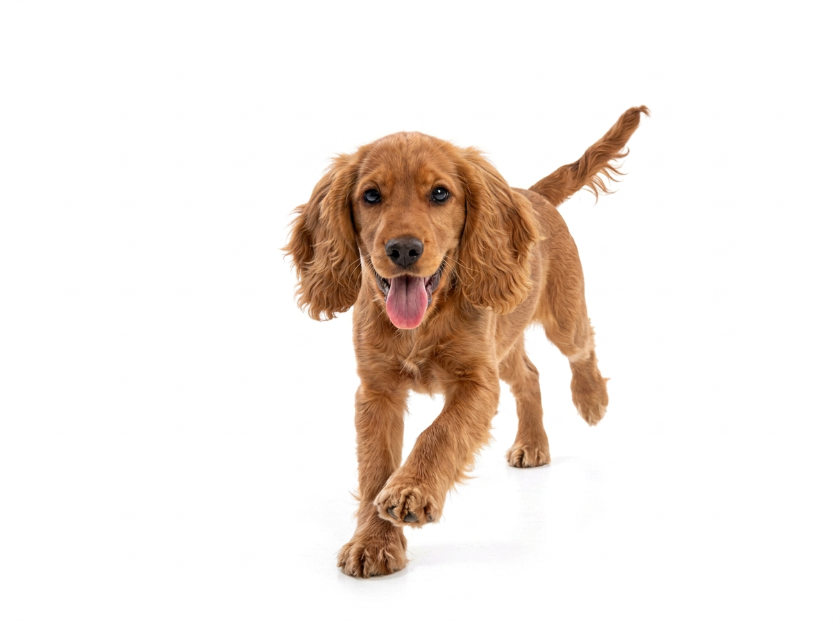 Rudy szczeniak rasy cocker spaniel w biegu - porady behawiorysty dla psów.